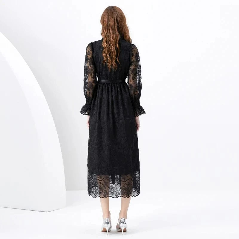 2024 Spring/Summer Vacation Style Retro Polo Collar Single breasted Lace Embroidered Wide Swing Long Dress KL6279098