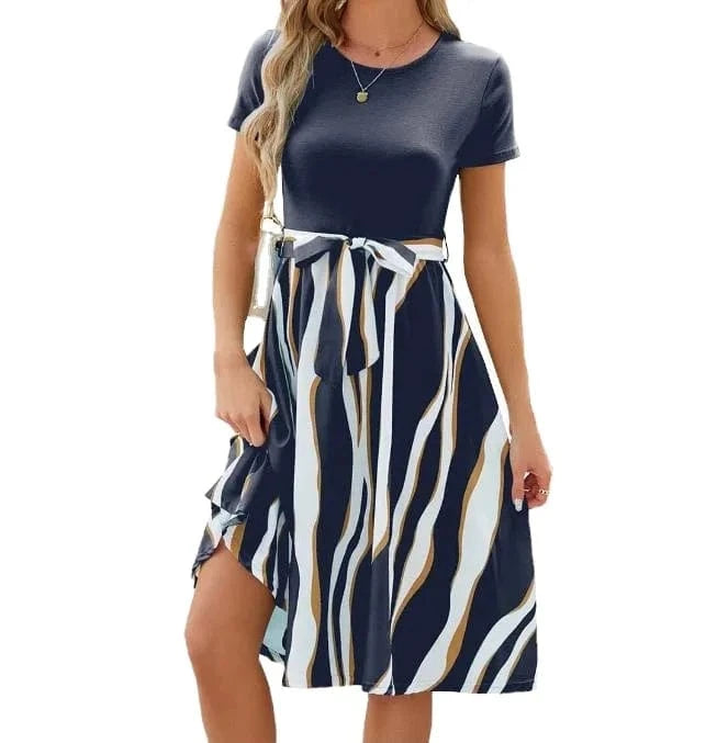 2024 Spring Summer Women Causal Dress Solid Color Patchwork Printed Short Sleeve O-Neck Lady's Midi Casual Hem Dress