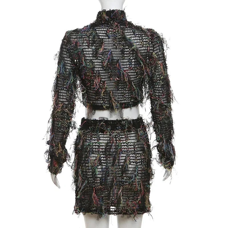 2024 Spring Summer Women's Clothing Streetwear Fuzzy Long Sleeve Crop Top Pencil Bodycon Skirt Two Piece Set Sexy Outfits
