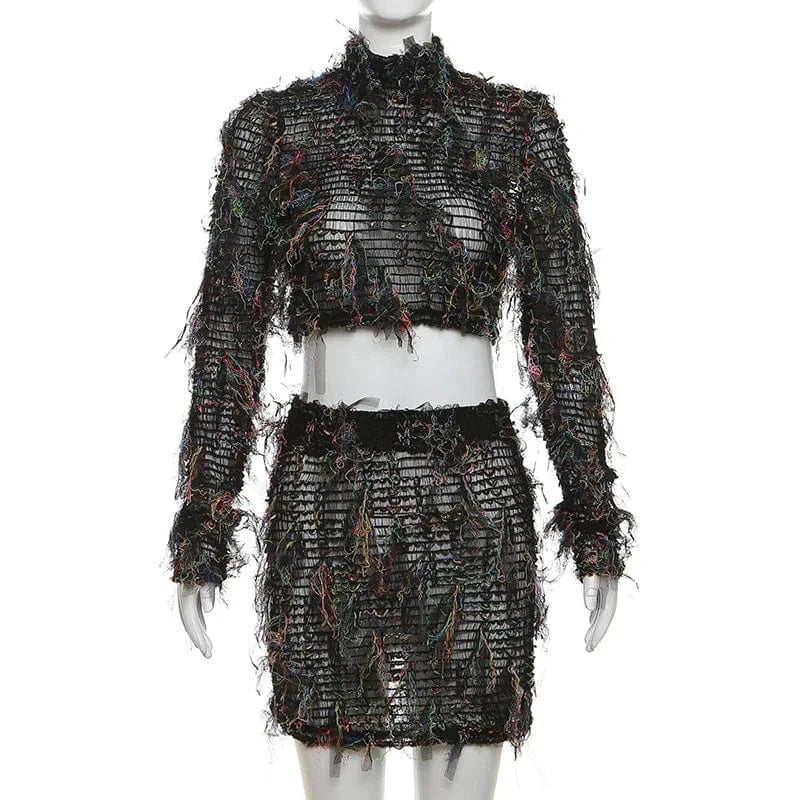 2024 Spring Summer Women's Clothing Streetwear Fuzzy Long Sleeve Crop Top Pencil Bodycon Skirt Two Piece Set Sexy Outfits