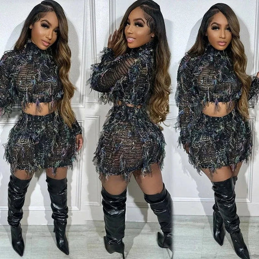 2024 Spring Summer Women's Clothing Streetwear Fuzzy Long Sleeve Crop Top Pencil Bodycon Skirt Two Piece Set Sexy Outfits