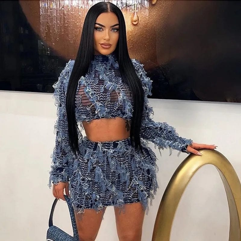 2024 Spring Summer Women's Clothing Streetwear Fuzzy Long Sleeve Crop Top Pencil Bodycon Skirt Two Piece Set Sexy Outfits