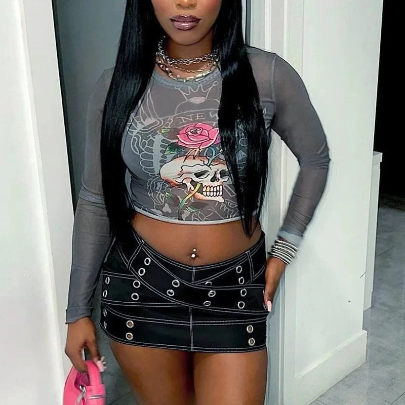 2024 spring wholesale women clothes boutique long sleeve sexy mesh digital print t shirt