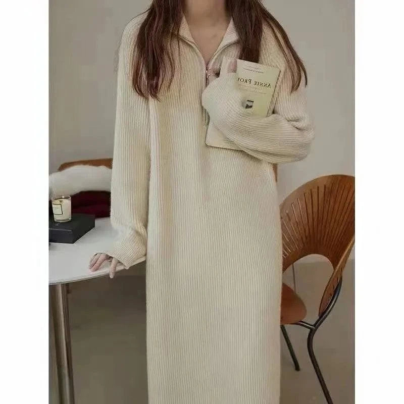 2024 Spring Winter dress high slim waist collection loose solid color half neck zipper leg design ribbed long length skirt