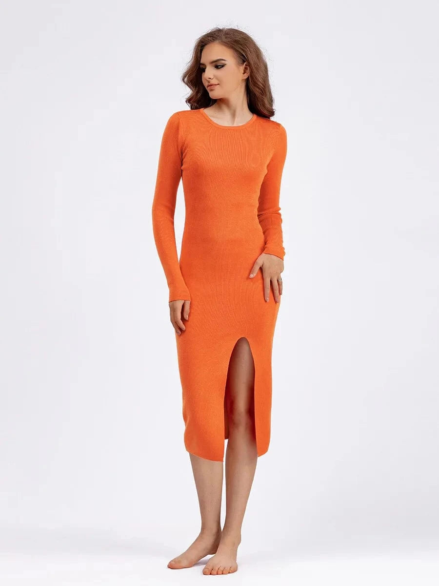 2024 Spring Winter dress high slim waist collection slimming solid color simple design sense ribbed mid length side open skirt