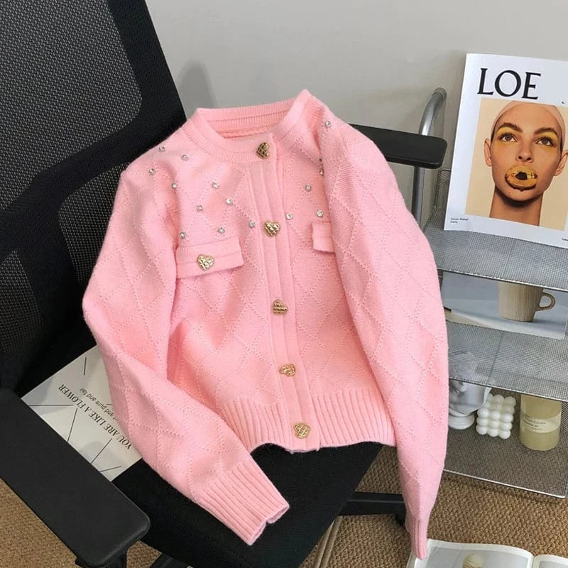 2024 Spring woman new arrival crew neck long sleeve elegant cardigan beading sweater coat