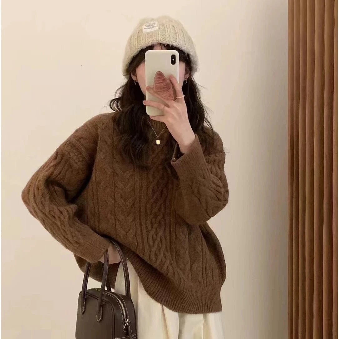 2024 Spring women high quality crew neck solid color long sleeve oversize cable knit pullover sweater jumper