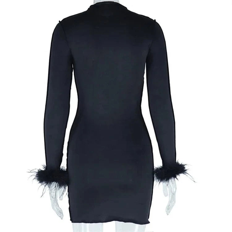 2024 Spring Women Long Sleeve Fur Patchwork Bodycon Streetwear Red Mini Dress
