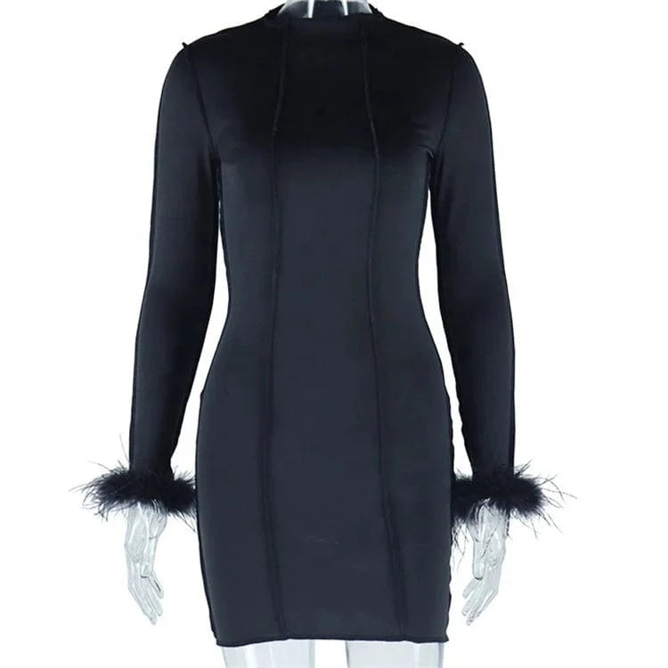 2024 Spring Women Long Sleeve Fur Patchwork Bodycon Streetwear Red Mini Dress