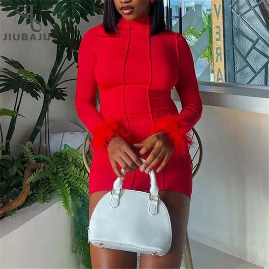 2024 Spring Women Long Sleeve Fur Patchwork Bodycon Streetwear Red Mini Dress