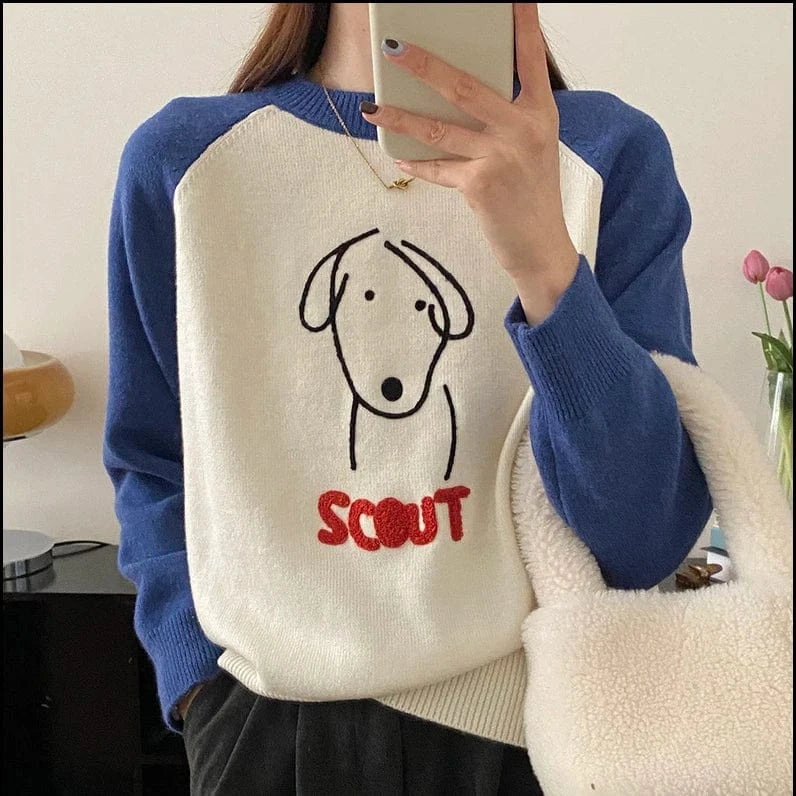 2024 Spring women new arrival crew neck long sleeve cartoon dog animal jacquard sweater jumper