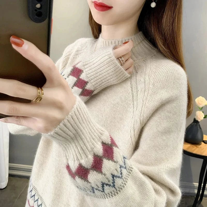 2024 Spring women new arrival crew neck Smiling face Jacquard raglan sleeve oversize lady sweater pullover