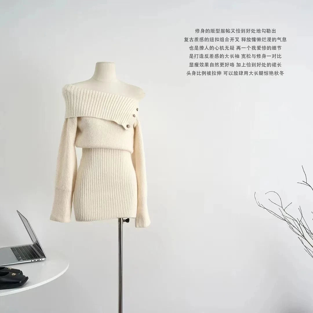 2024 Spring women new arrival long sleeve loose off-shoulder slash neck turtleneck sexy sweater dress