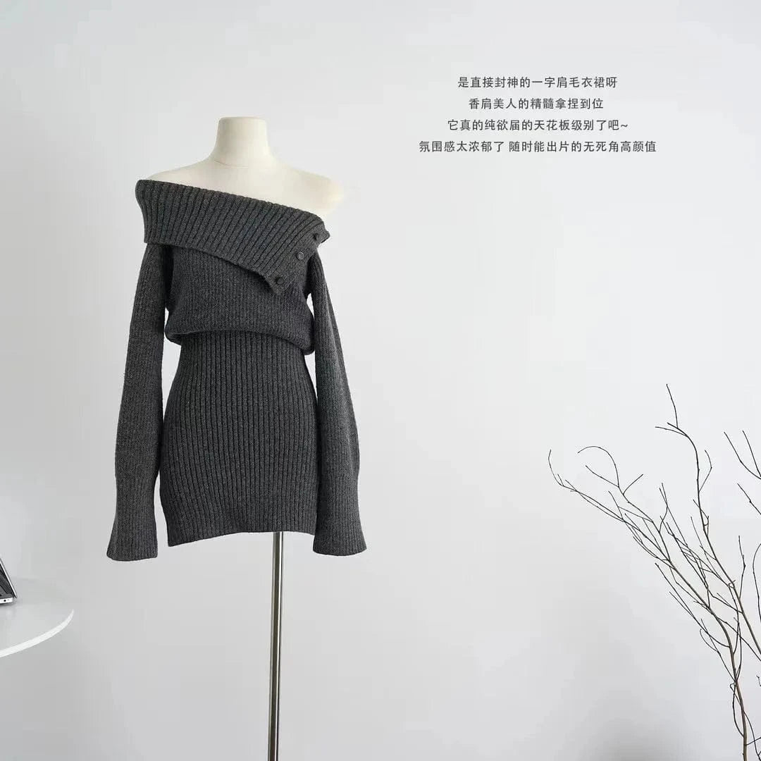 2024 Spring women new arrival long sleeve loose off-shoulder slash neck turtleneck sexy sweater dress