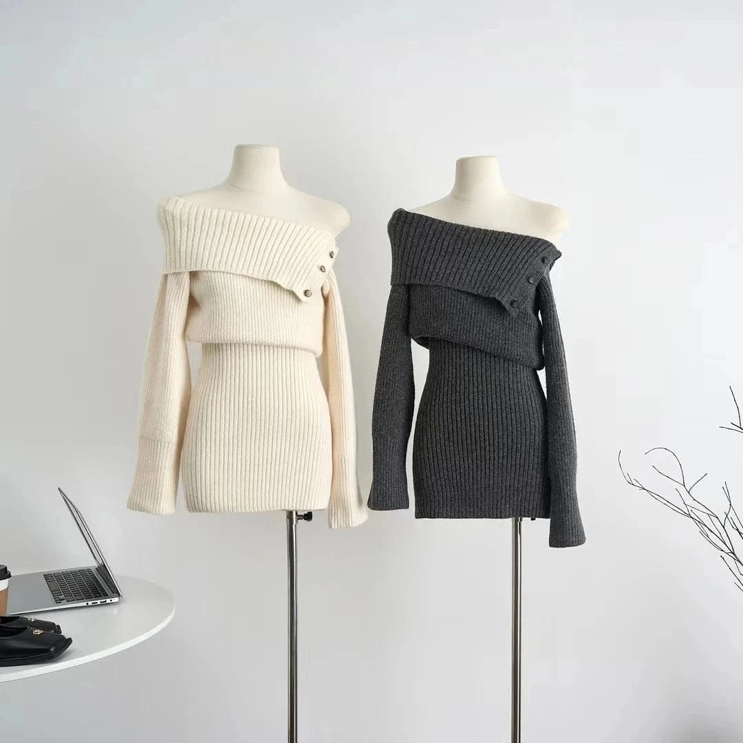 2024 Spring women new arrival long sleeve loose off-shoulder slash neck turtleneck sexy sweater dress