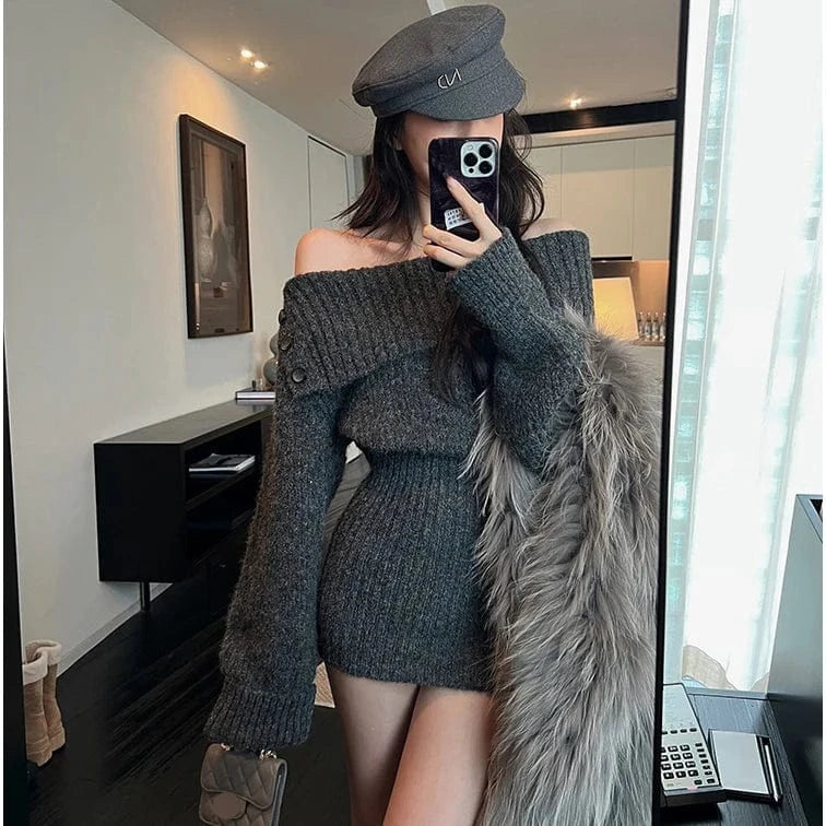 2024 Spring women new arrival long sleeve loose off-shoulder slash neck turtleneck sexy sweater dress