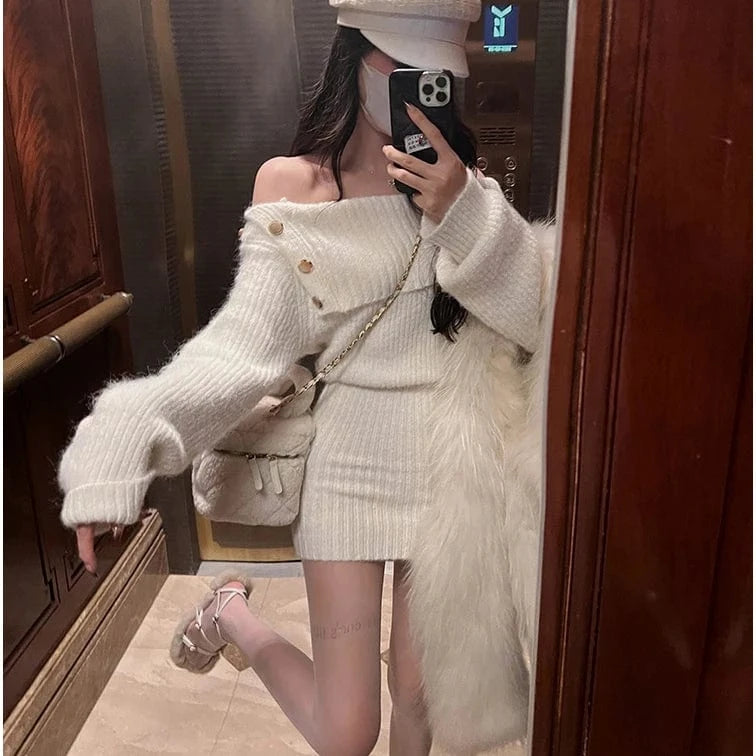 2024 Spring women new arrival long sleeve loose off-shoulder slash neck turtleneck sexy sweater dress