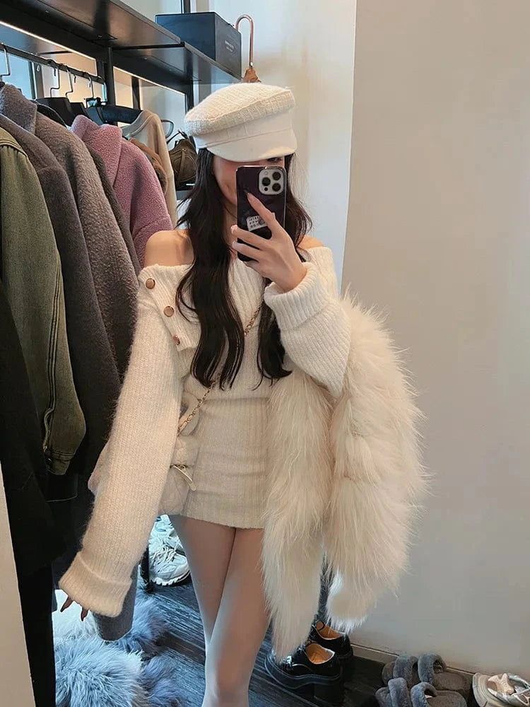 2024 Spring women new arrival long sleeve loose off-shoulder slash neck turtleneck sexy sweater dress