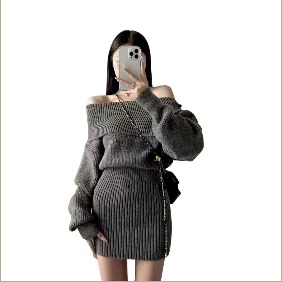 2024 Spring women new arrival long sleeve loose off-shoulder slash neck turtleneck sexy sweater dress