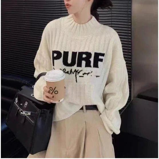 2024 Spring women new arrival mock neck long sleeve loose letter cable knit pullover sweater jumper