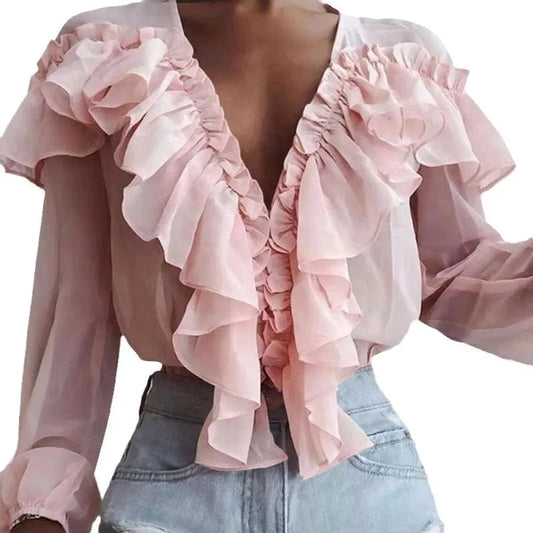 2024 Spring Women Ruffled V-neck Shirts Long sleeve Pullover Chiffon Loose Shirt Lady White Solid Color Tops Blouse Shirt