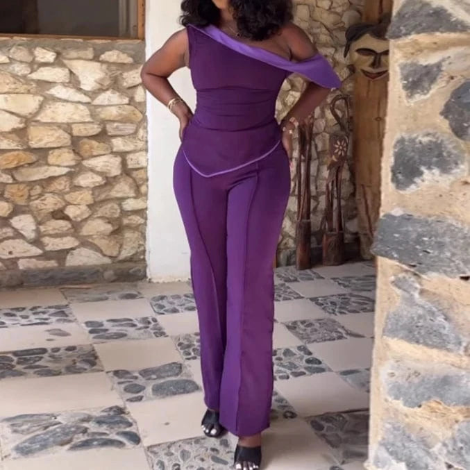 2024 Spring Women's Casual Set Irregular One Shoulder Tops+High Waist Pants Sleeveless Tops 2 Piece Pants Set