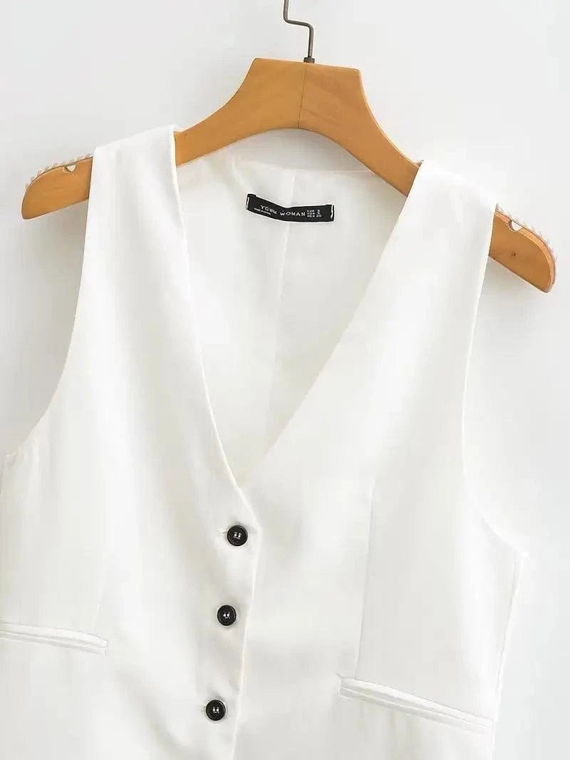 2024 Spring Women's Elegant V-neck Buttoned Slim Short Vest Vest Layered Over Waistcoat Pants Suit 256 257