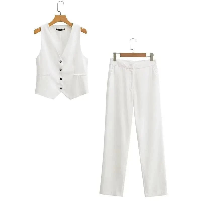 2024 Spring Women's Elegant V-neck Buttoned Slim Short Vest Vest Layered Over Waistcoat Pants Suit 256 257