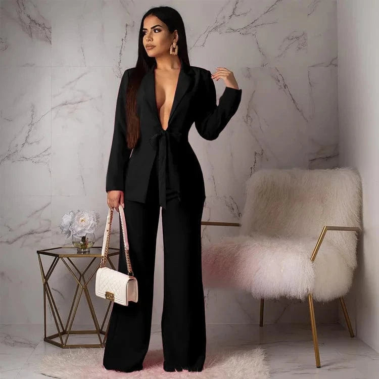 2024 Spring Women's Fashion candy color Long sleeved ladies blazer and wide leg pants two piece set women's outfits office wear