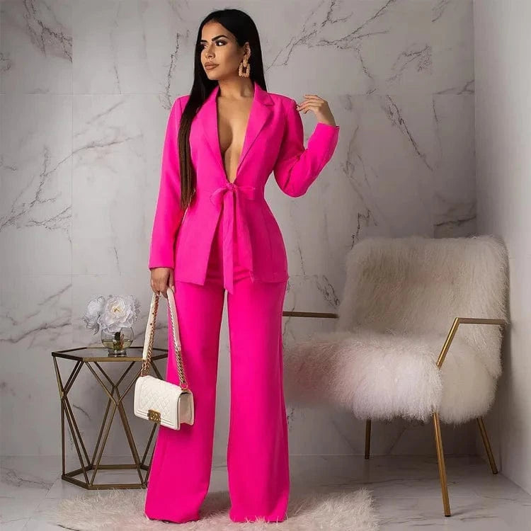 2024 Spring Women's Fashion candy color Long sleeved ladies blazer and wide leg pants two piece set women's outfits office wear