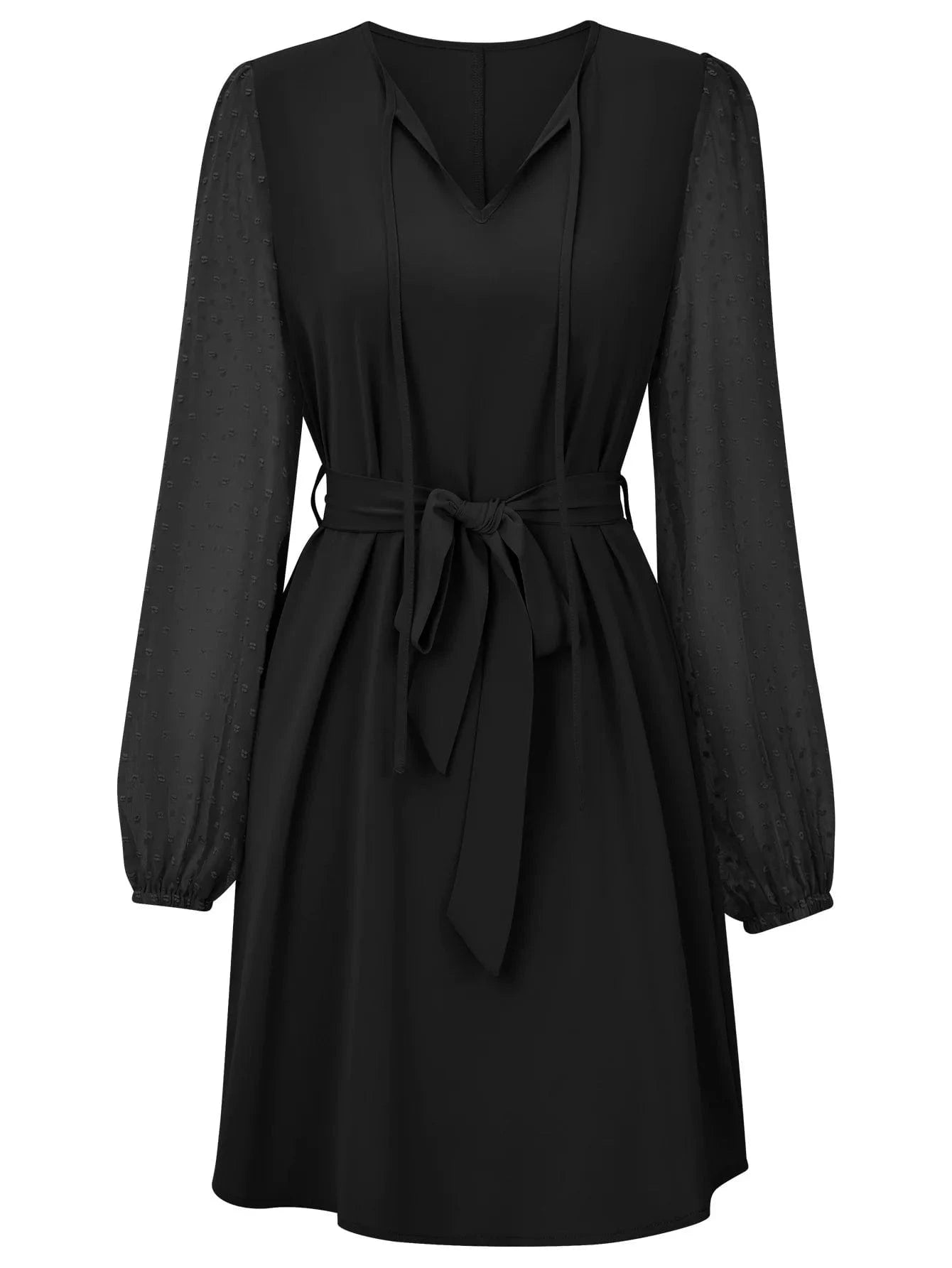 2024 Spring Women's Fashion Dress Long Sleeve Tie V-neck New Casual Solid Color Patchwork Lady A-line Belt Causal Dress