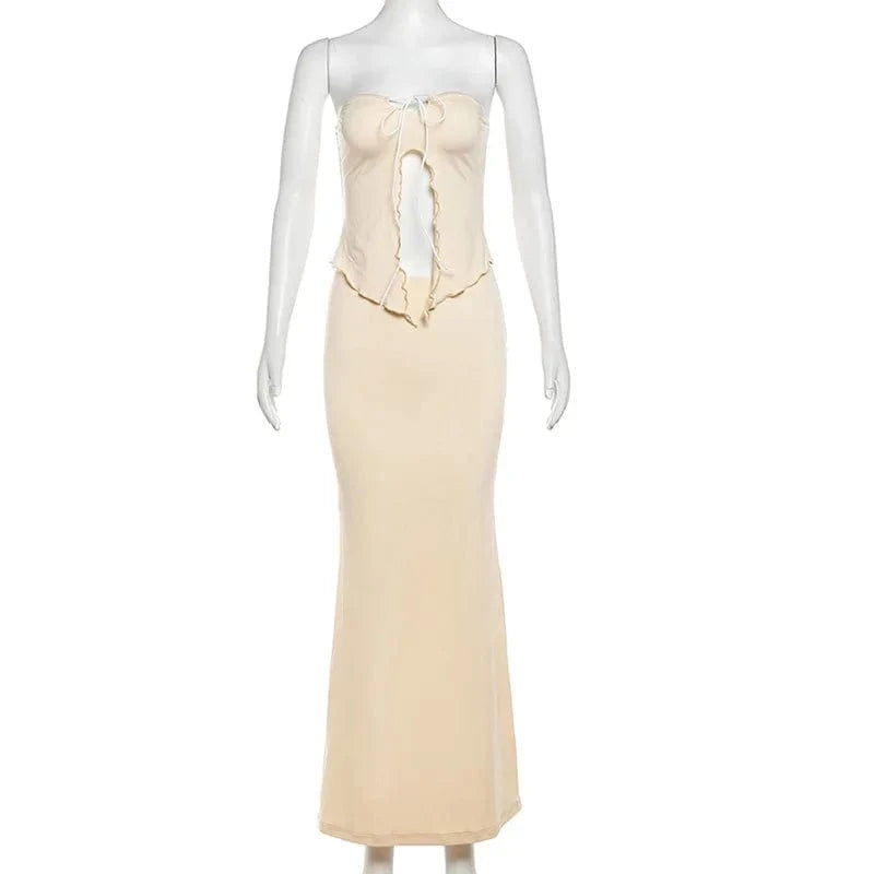 2024 Spring Women'S New Backless Irregular Wooden Ear Edge Breast Skirt Two-Piece Set Skirt