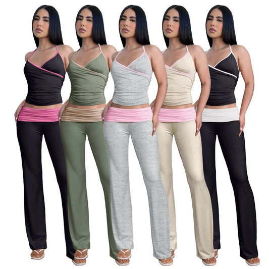 2024 Spring Women's Two Piece Suits Y2k Style Streetwear Clothing Set Square Collar Crop Tops Flare Pant Set