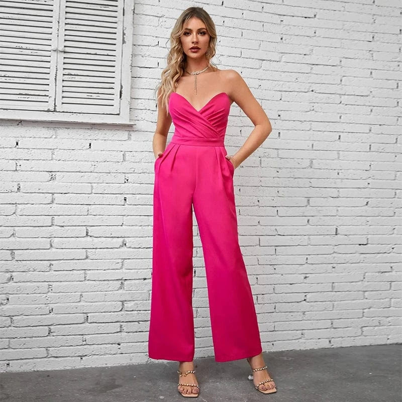 2024 Strapless High Waist Design Pink Jumpsuit Spring Jacket Sexy Women Two Piece Formal Suit