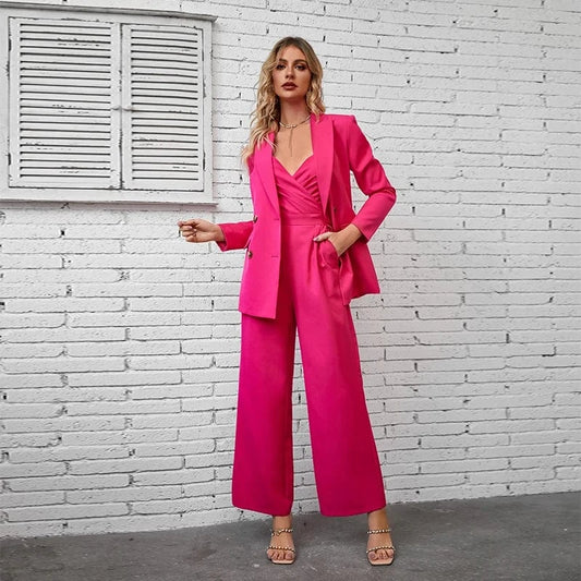 2024 Strapless High Waist Design Pink Jumpsuit Spring Jacket Sexy Women Two Piece Formal Suit