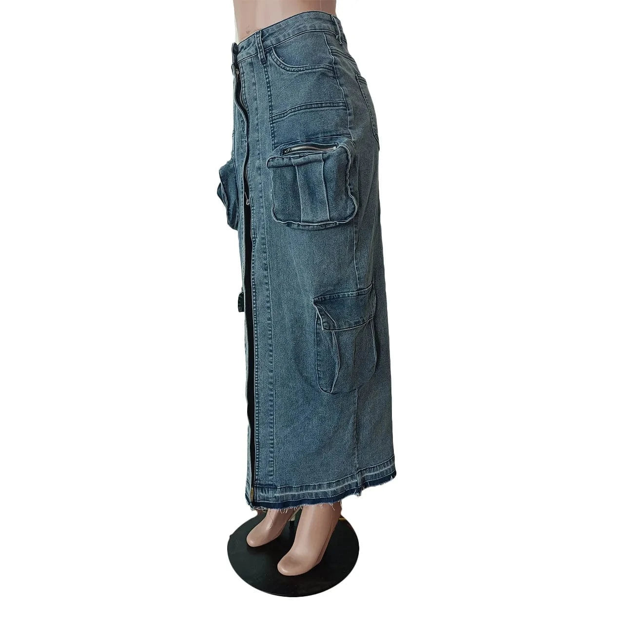 2024 Street wear ladies 3D pocket long denim cargo skirt with slit y2k high waist blue jeans denim womens skirts