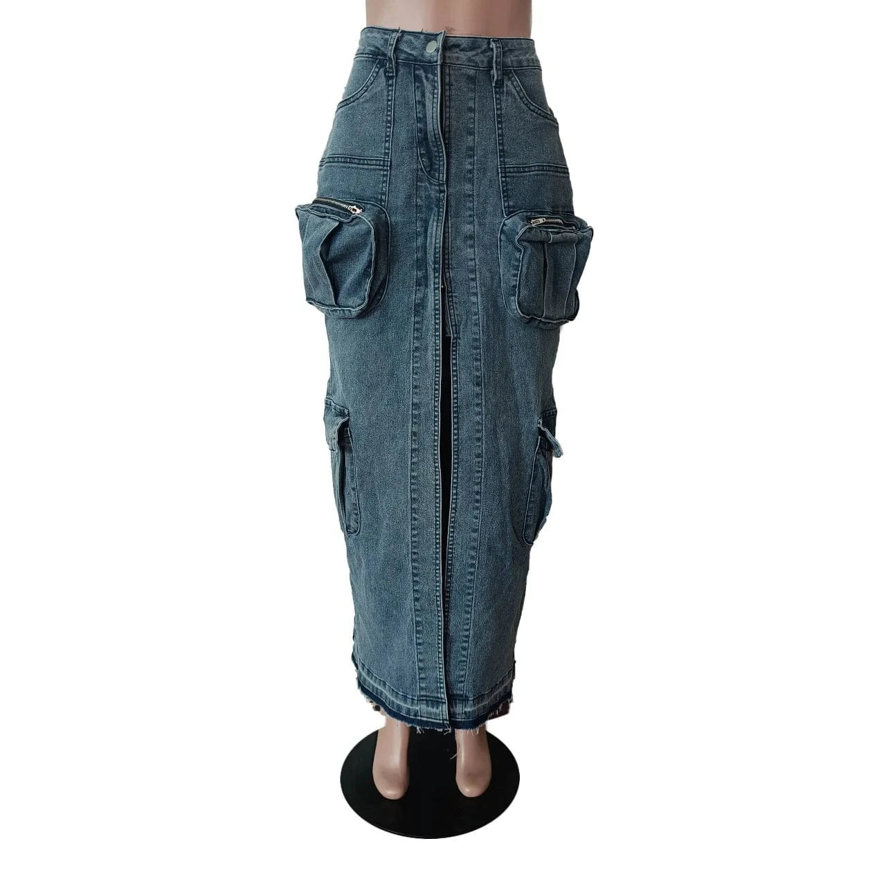 2024 Street wear ladies 3D pocket long denim cargo skirt with slit y2k high waist blue jeans denim womens skirts