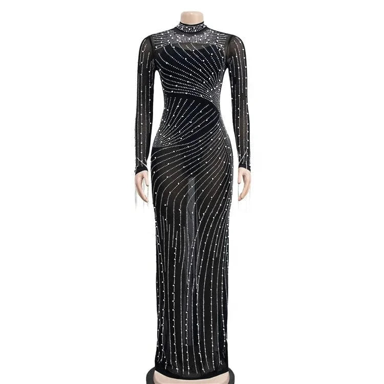 2024 Summer 2 Piece Set Rhinestone Mesh High Neck Long Sleeve Tassels Bodycon Midi Maxi Long Dress For Women