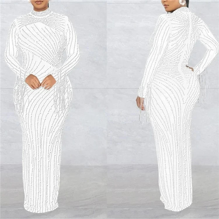 2024 Summer 2 Piece Set Rhinestone Mesh High Neck Long Sleeve Tassels Bodycon Midi Maxi Long Dress For Women