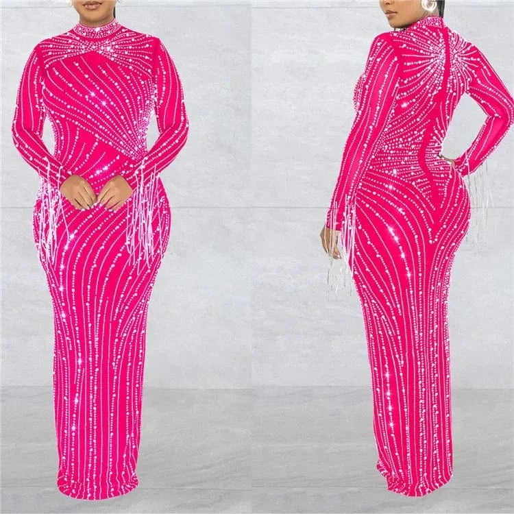 2024 Summer 2 Piece Set Rhinestone Mesh High Neck Long Sleeve Tassels Bodycon Midi Maxi Long Dress For Women