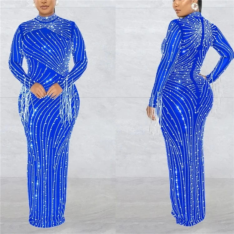 2024 Summer 2 Piece Set Rhinestone Mesh High Neck Long Sleeve Tassels Bodycon Midi Maxi Long Dress For Women