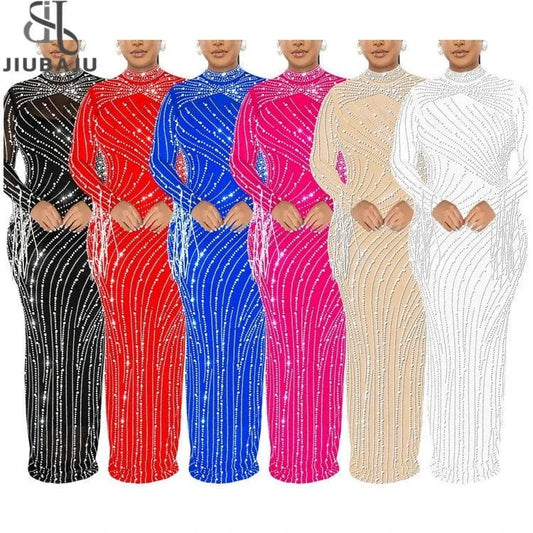 2024 Summer 2 Piece Set Rhinestone Mesh High Neck Long Sleeve Tassels Bodycon Midi Maxi Long Dress For Women