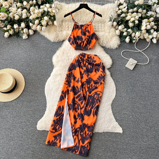 2024 Summer Basics 2 Piece Set For Women Sleeveless Top And High Waist Printed Skirts Set Clothing Wholesale
