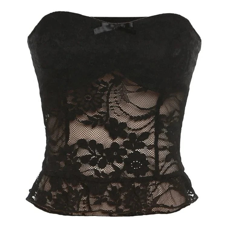 2024 Summer Black Strapless Lace Cropped Vest Tops Women Backless Grunge Camisoles