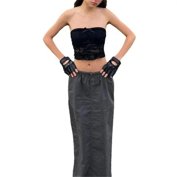 2024 Summer Black Strapless Lace Cropped Vest Tops Women Backless Grunge Camisoles