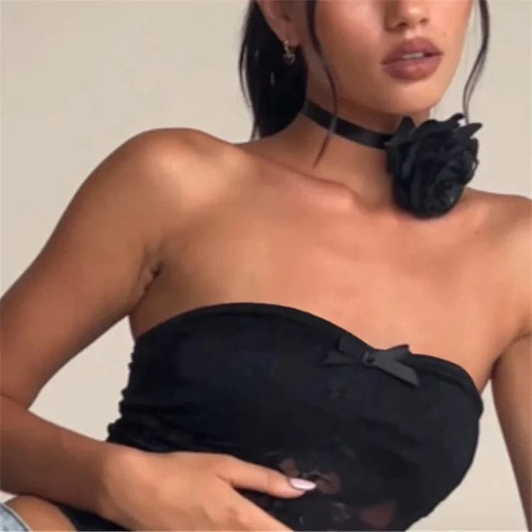 2024 Summer Black Strapless Lace Cropped Vest Tops Women Backless Grunge Camisoles