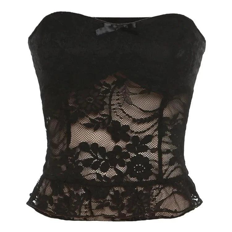 2024 Summer Black Strapless Lace Cropped Vest Tops Women Backless Grunge Camisoles