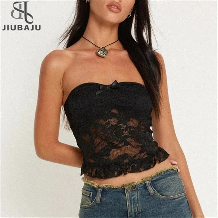 2024 Summer Black Strapless Lace Cropped Vest Tops Women Backless Grunge Camisoles