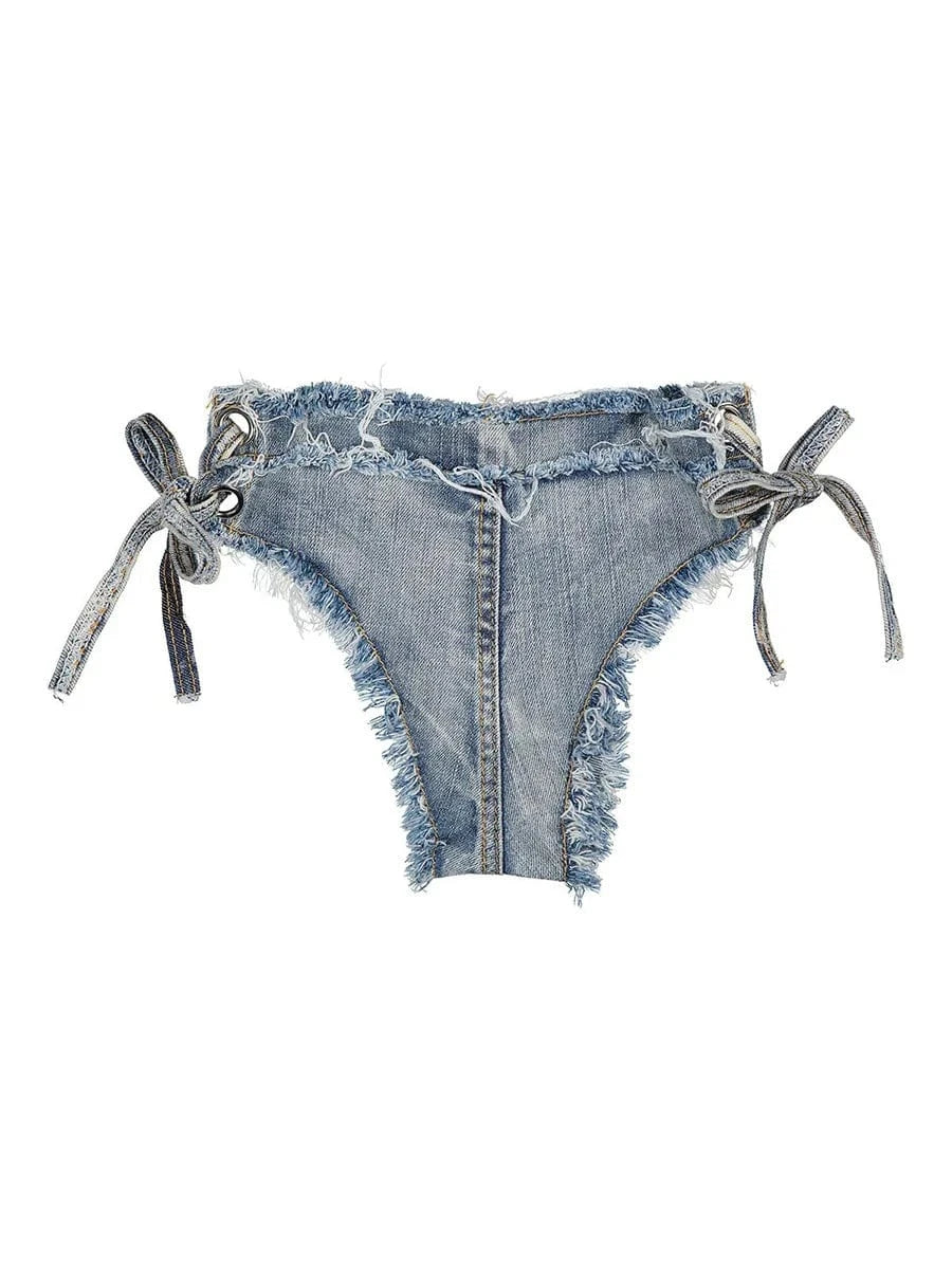 2024 summer clothing denim jeans fashion boutique two piece bikini bra shorts set