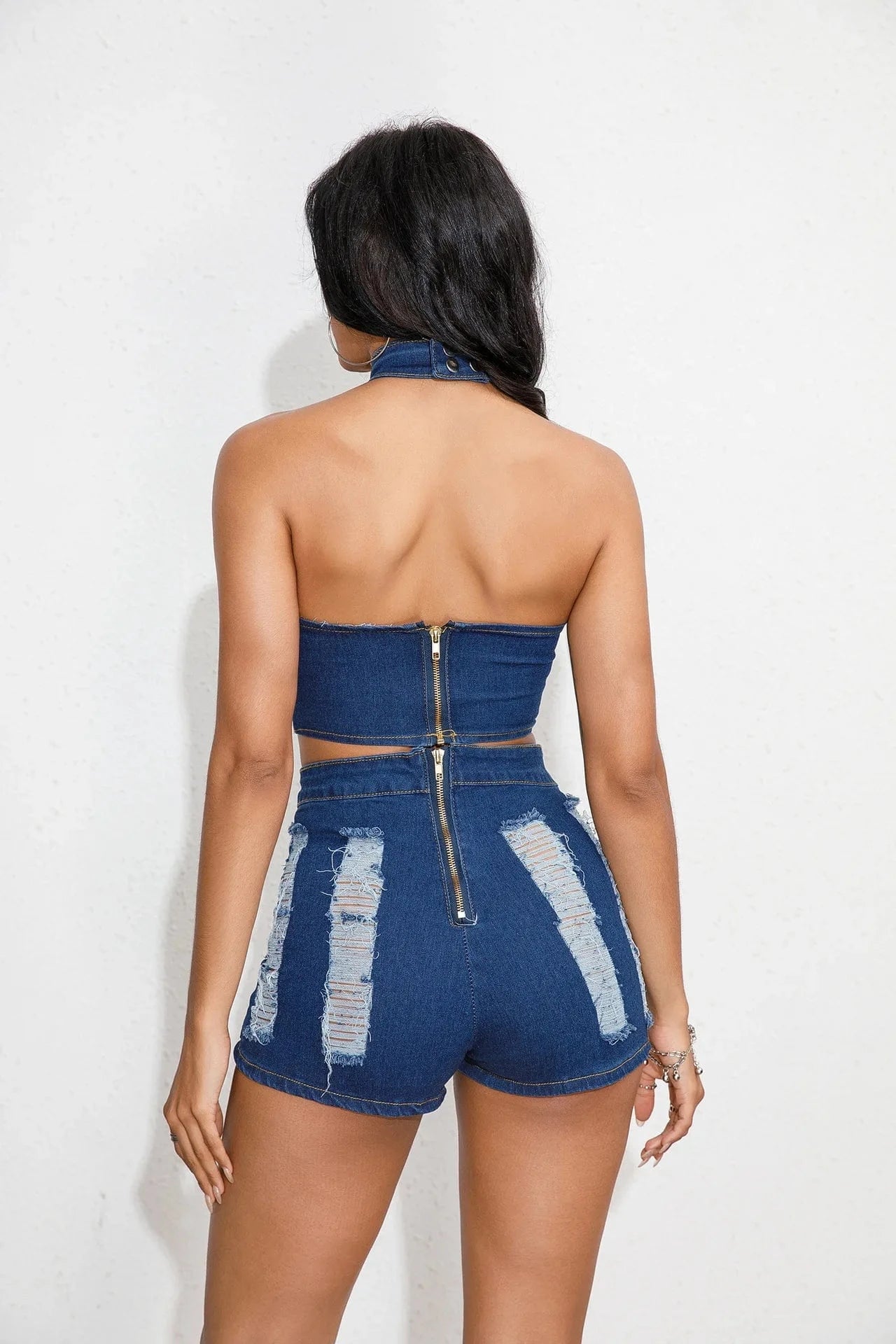 2024 summer clothing denim jeans fashion boutique two piece ripped hot sexy shorts set